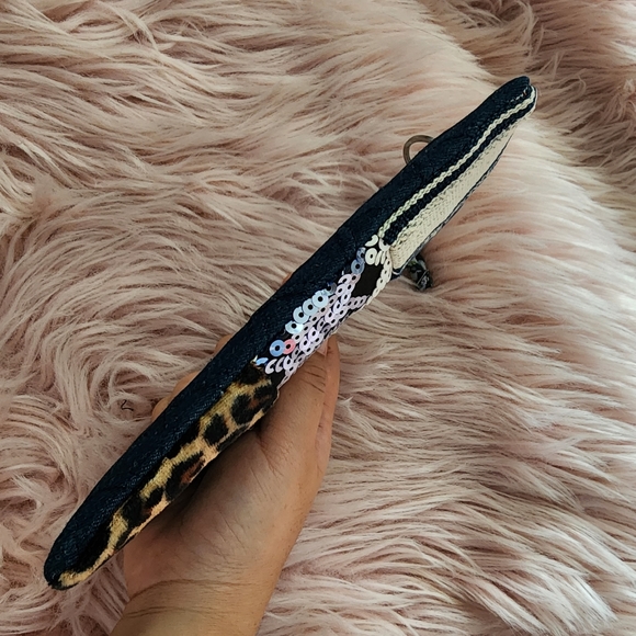 Candie Cooper fabric denim & sequin patchwork zipper pouch clutch purse - Picture 4 of 10